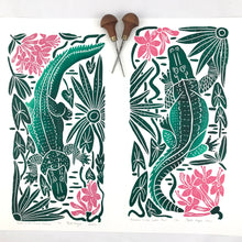Load image into Gallery viewer, ‘Azaleas in the Gator Pool” full color wetland block print. Hand pulled with 13x19 mat