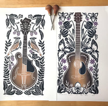 Load image into Gallery viewer, Blackberry Blossom, Sunburst edition, Mandolin Block Print, full color with 13x19 mat