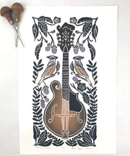 Load image into Gallery viewer, Blackberry Blossom, Sunburst edition, Mandolin Block Print, full color with 13x19 mat