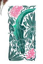 Load image into Gallery viewer, “Gator in the Swamp Azaleas” full color wetland block print. Hand pulled with 13x19 mat