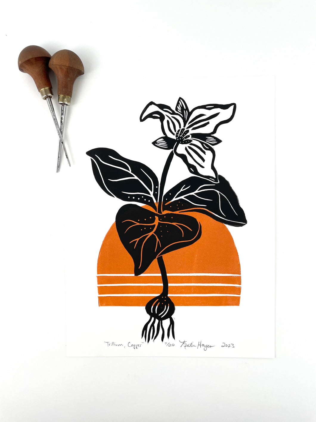 Trillium with copper accent-Mid-century Botanical Limited Edition block print 9X12 paper, 12x16 mat
