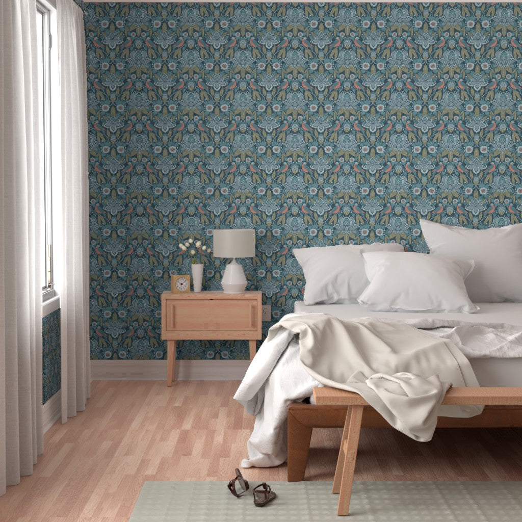Wallpaper Sample- Tanager, Blue, Olive, Coral, Midsized
