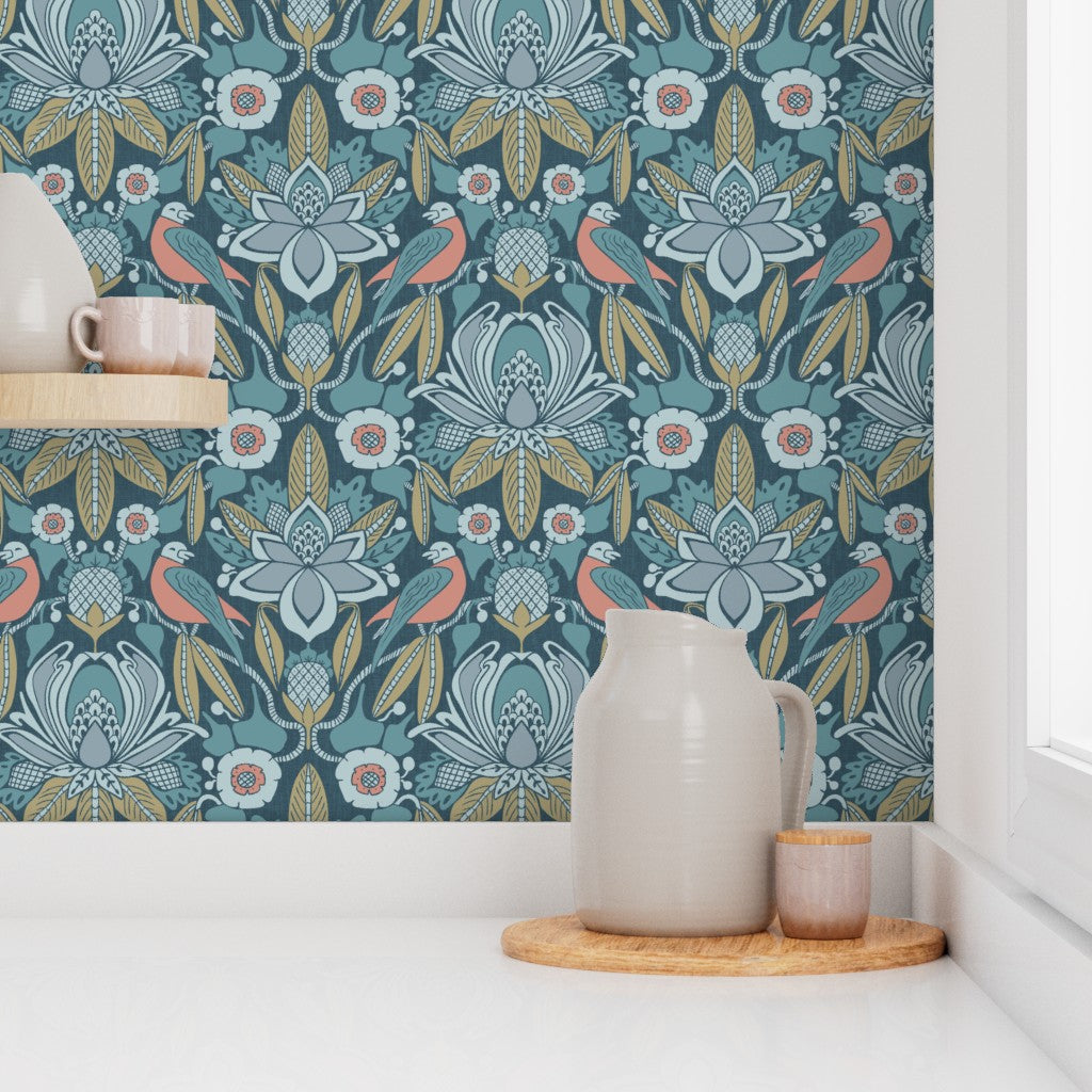 Wallpaper Sample- Tanager, Blue, Olive, Coral, Midsized