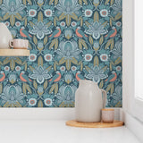 Wallpaper Sample- Tanager, Blue, Olive, Coral, Midsized