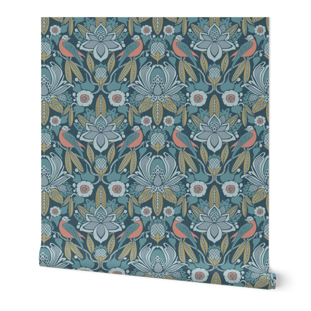 Wallpaper Sample- Tanager, Blue, Olive, Coral, Midsized
