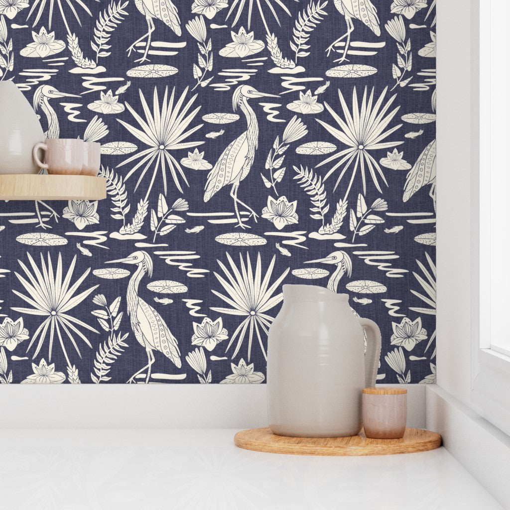 Wallpaper Sample- Low Country Egret, Navy