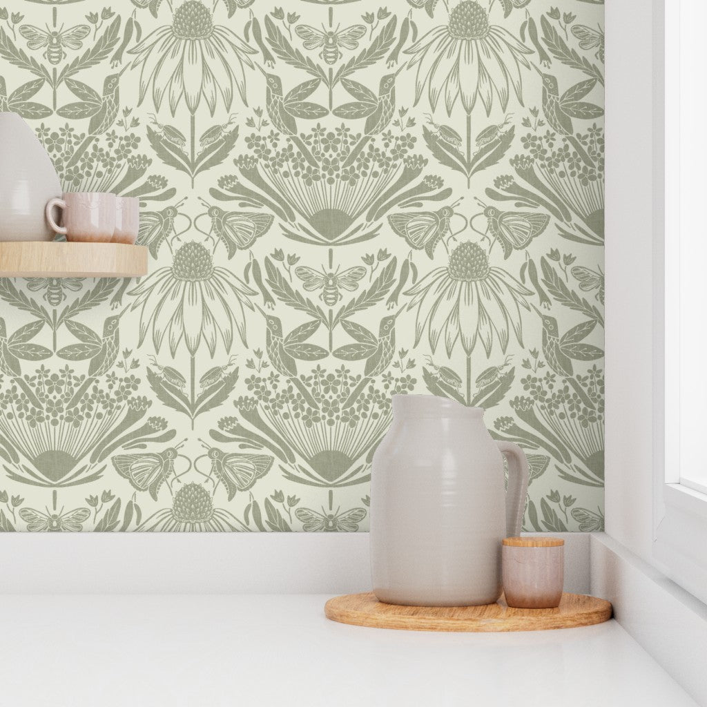 Wallpaper Sample- The Pollinators, Medium, Dark Sage