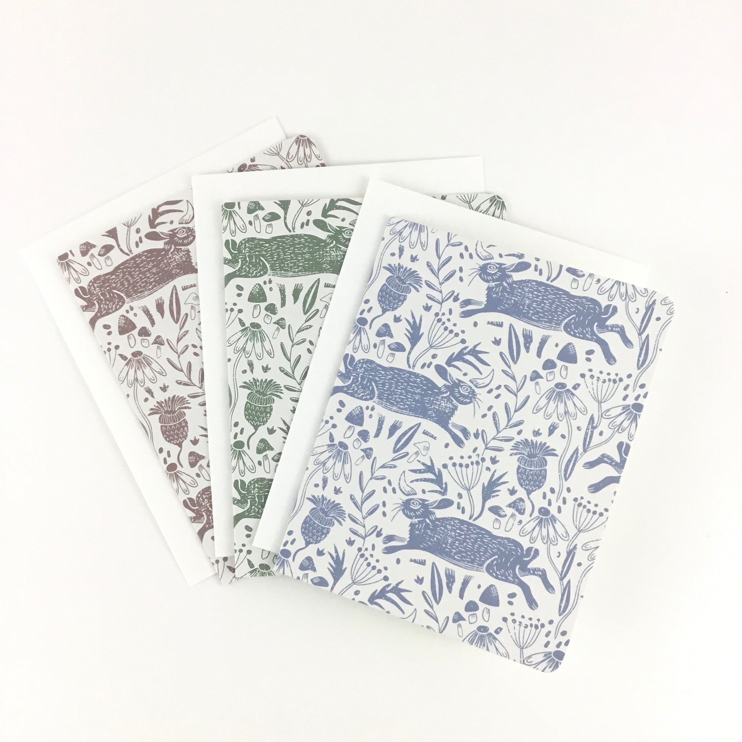 Linocut Cottontails, Mixed Colors- Notecard, Set of 3