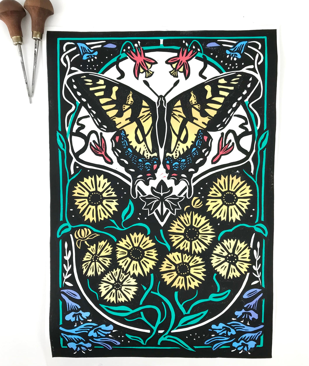 Eastern Tiger Swallowtail,  Full color Pollinator Block Print with 18x24 mat