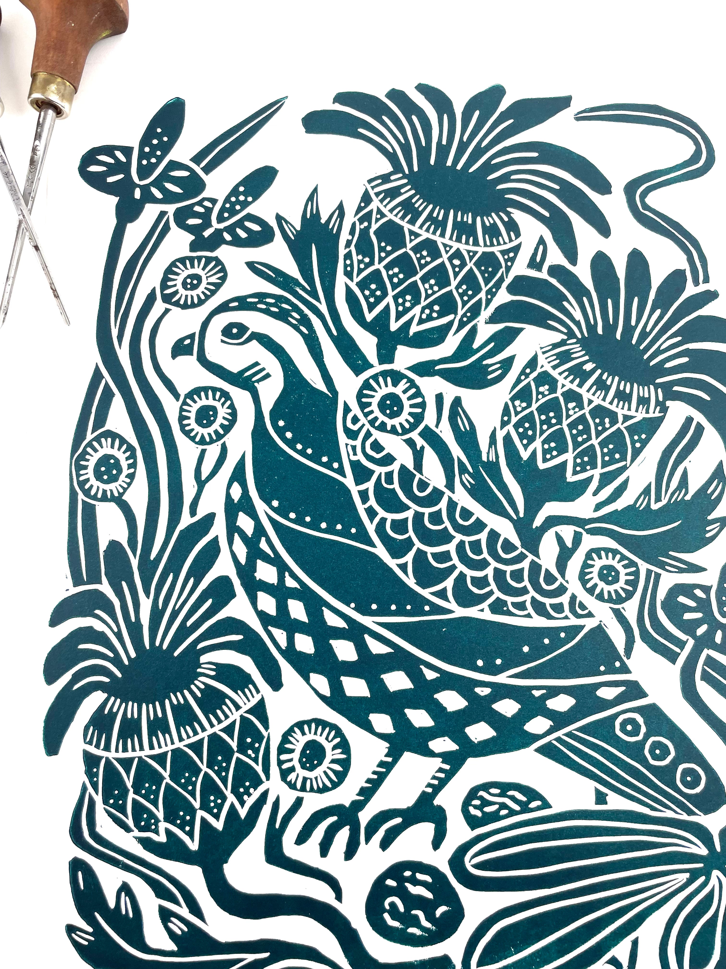 Bobwhite and Thistle, in Hemlock Green Block Print, Limited Edition, wall art 9x12 paper