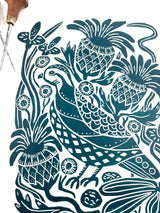 Bobwhite and Thistle, in Hemlock Green Block Print, Limited Edition, wall art 9x12 paper