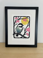 Load image into Gallery viewer, Redbud and Chickadee, Mini Block Print, Woodland wall art
