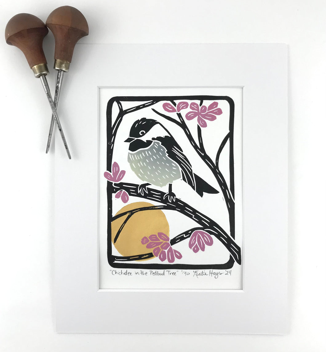 Chickadee in the Redbud Tree, Mini Block Print, Woodland wall art