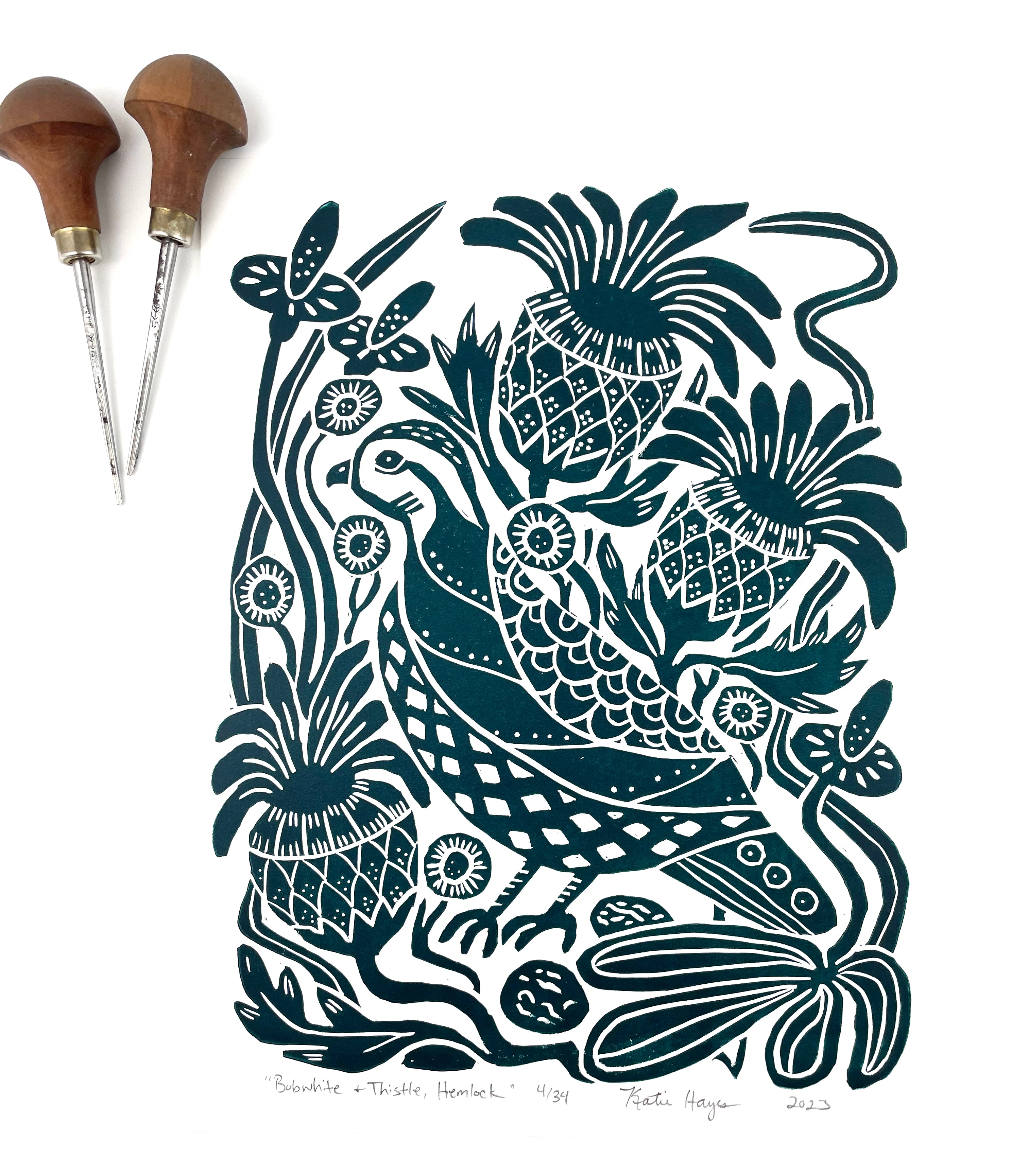 Bobwhite and Thistle, in Hemlock Green Block Print, Limited Edition, wall art 9x12 paper
