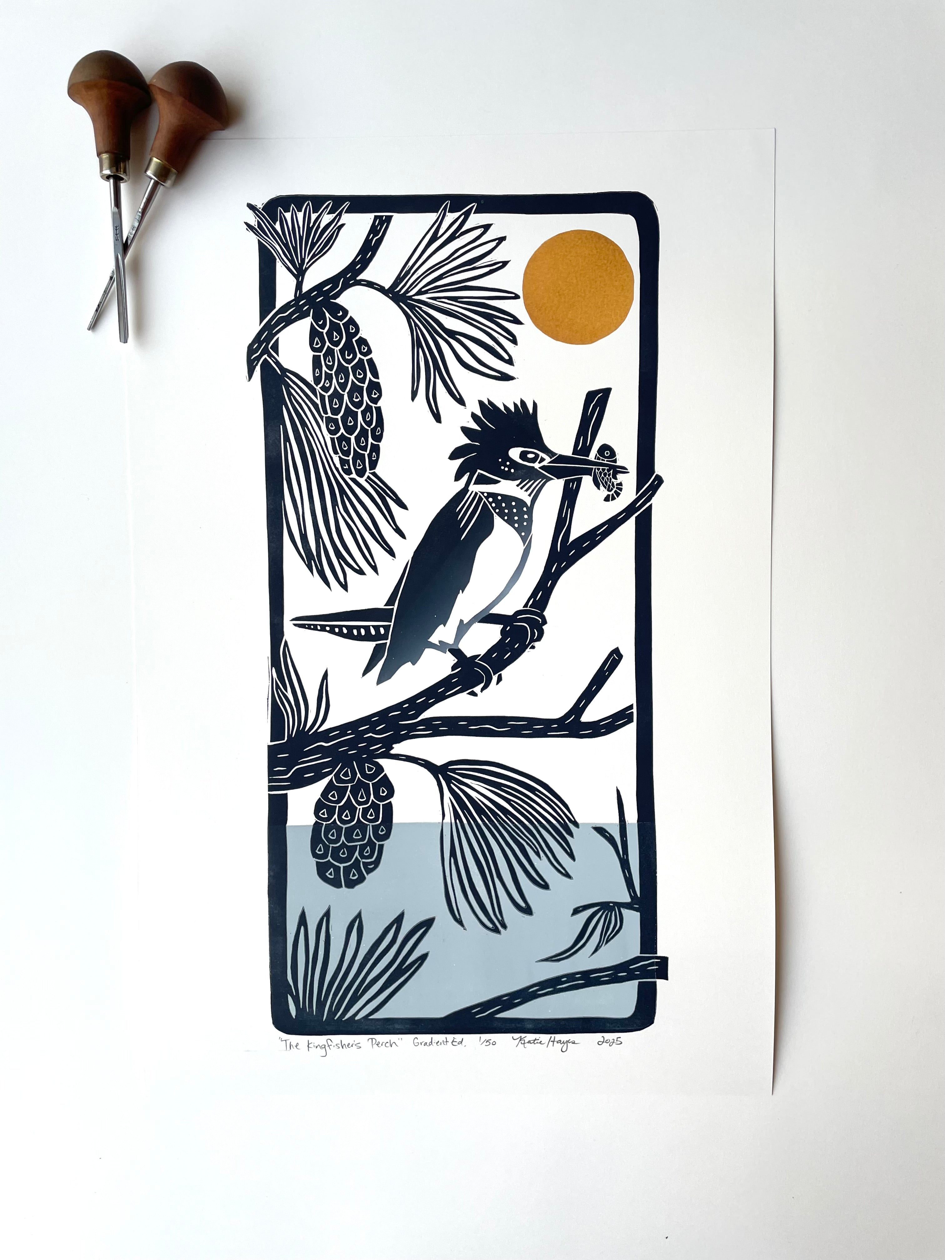The Kingfisher's Perch- Gradient Edition. Hand pulled with 13x19 mat