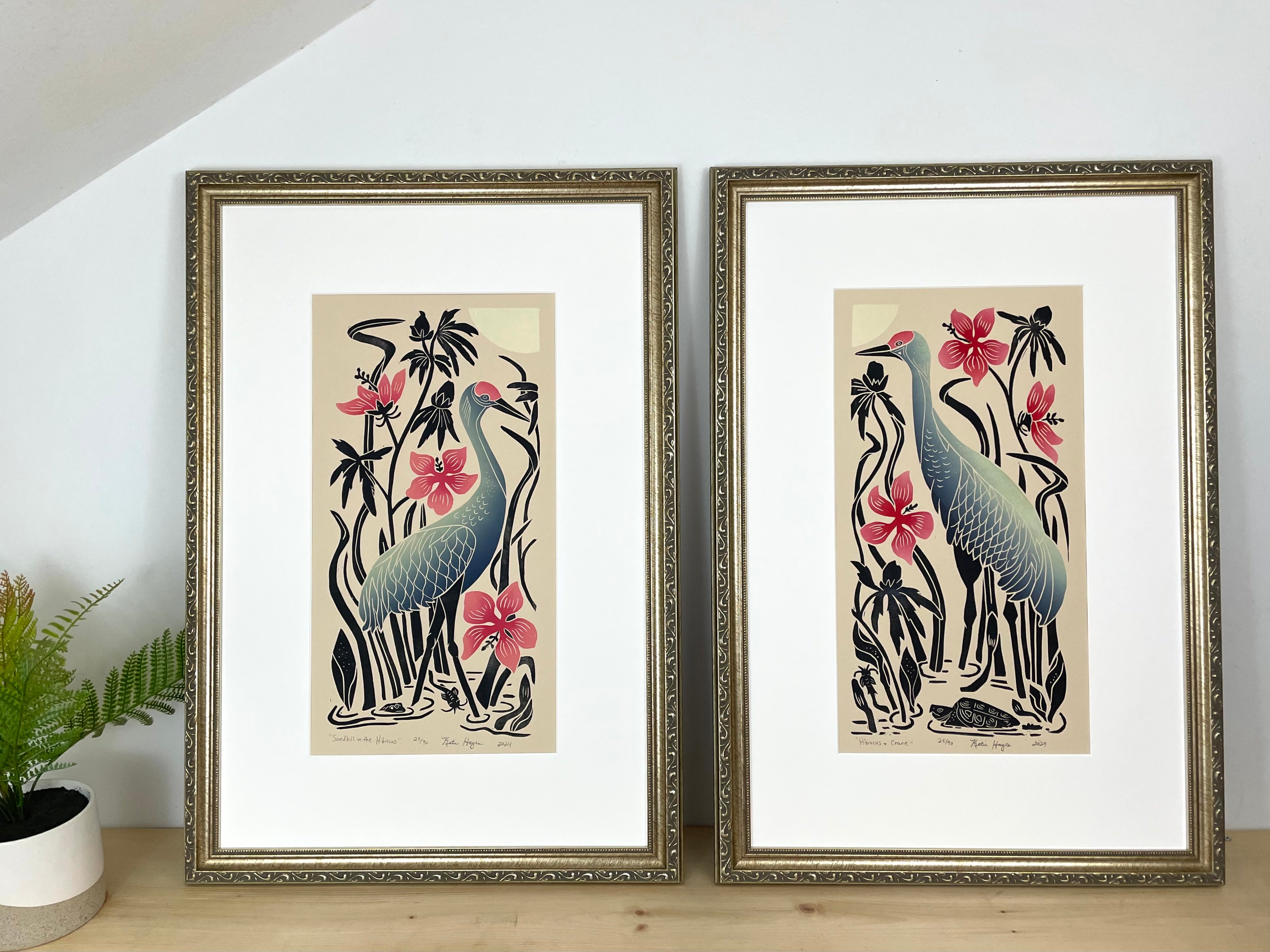Sandill in the hibiscus . Limited Edition block print with 13x19 mat
