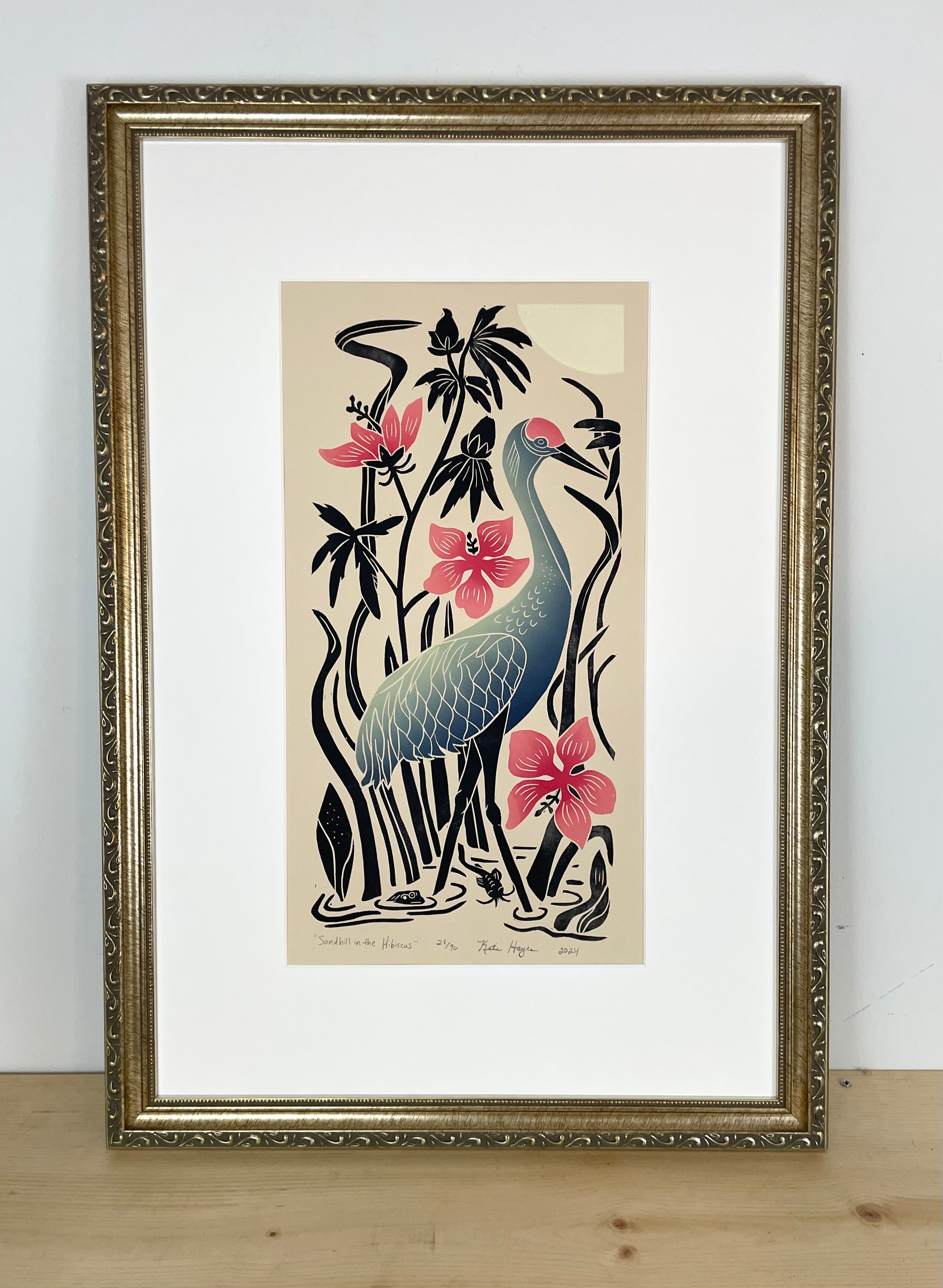 Sandill in the hibiscus . Limited Edition block print with 13x19 mat