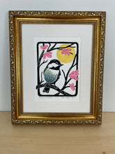 Load image into Gallery viewer, Redbud and Chickadee, Mini Block Print, Woodland wall art
