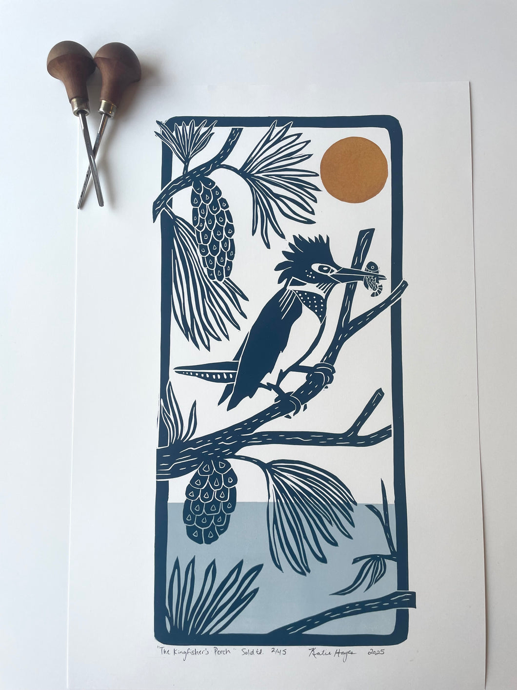 The Kingfisher's Perch- Solid Edition. Hand pulled with 13x19 mat