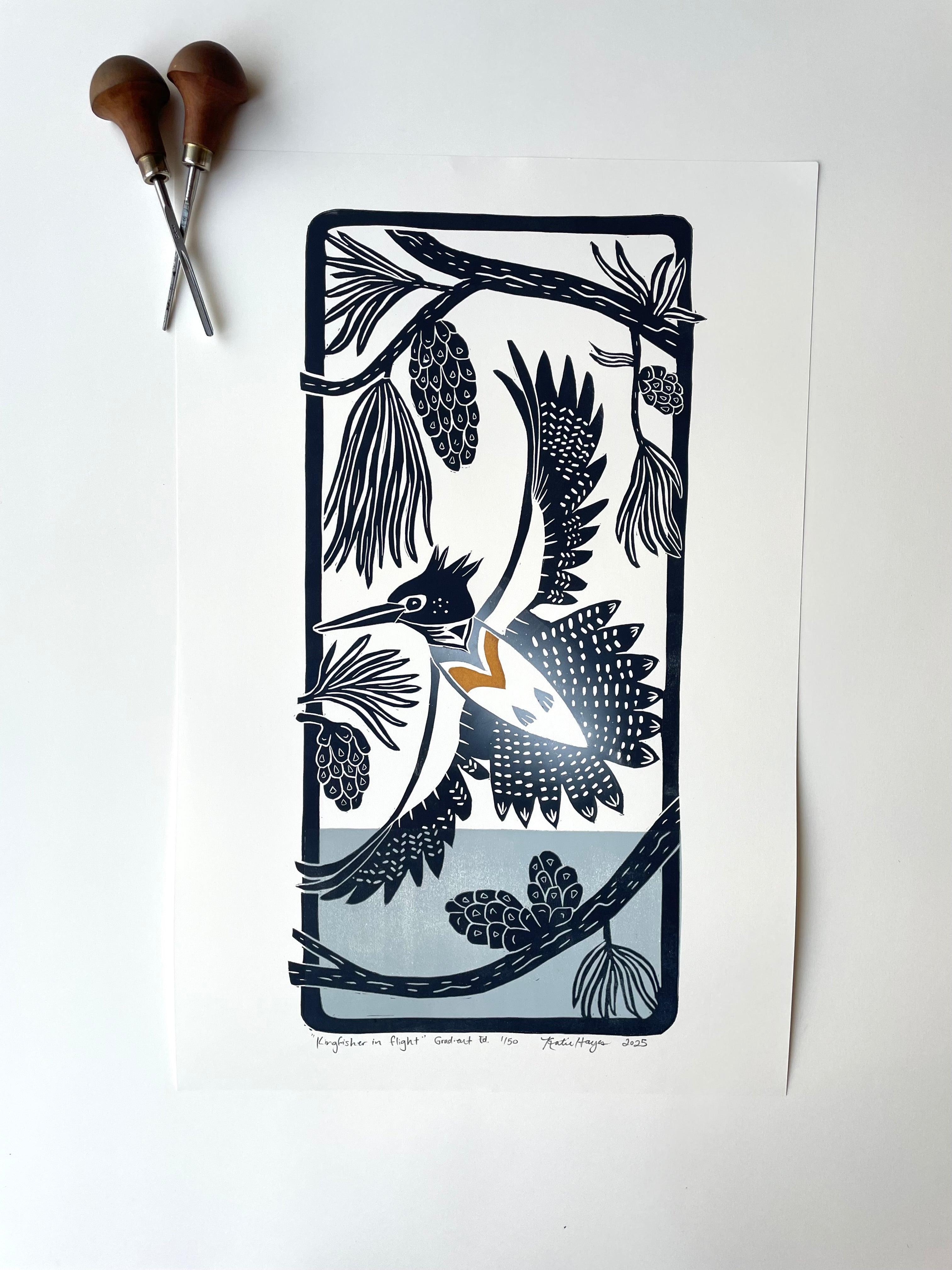 Kingfisher in Flight- Gradient Edition. Hand pulled with 13x19 mat
