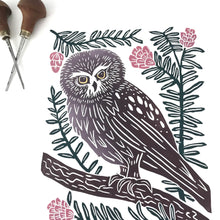 Load image into Gallery viewer, Saw-whet owl block print, Hand pulled with 13x19 mat
