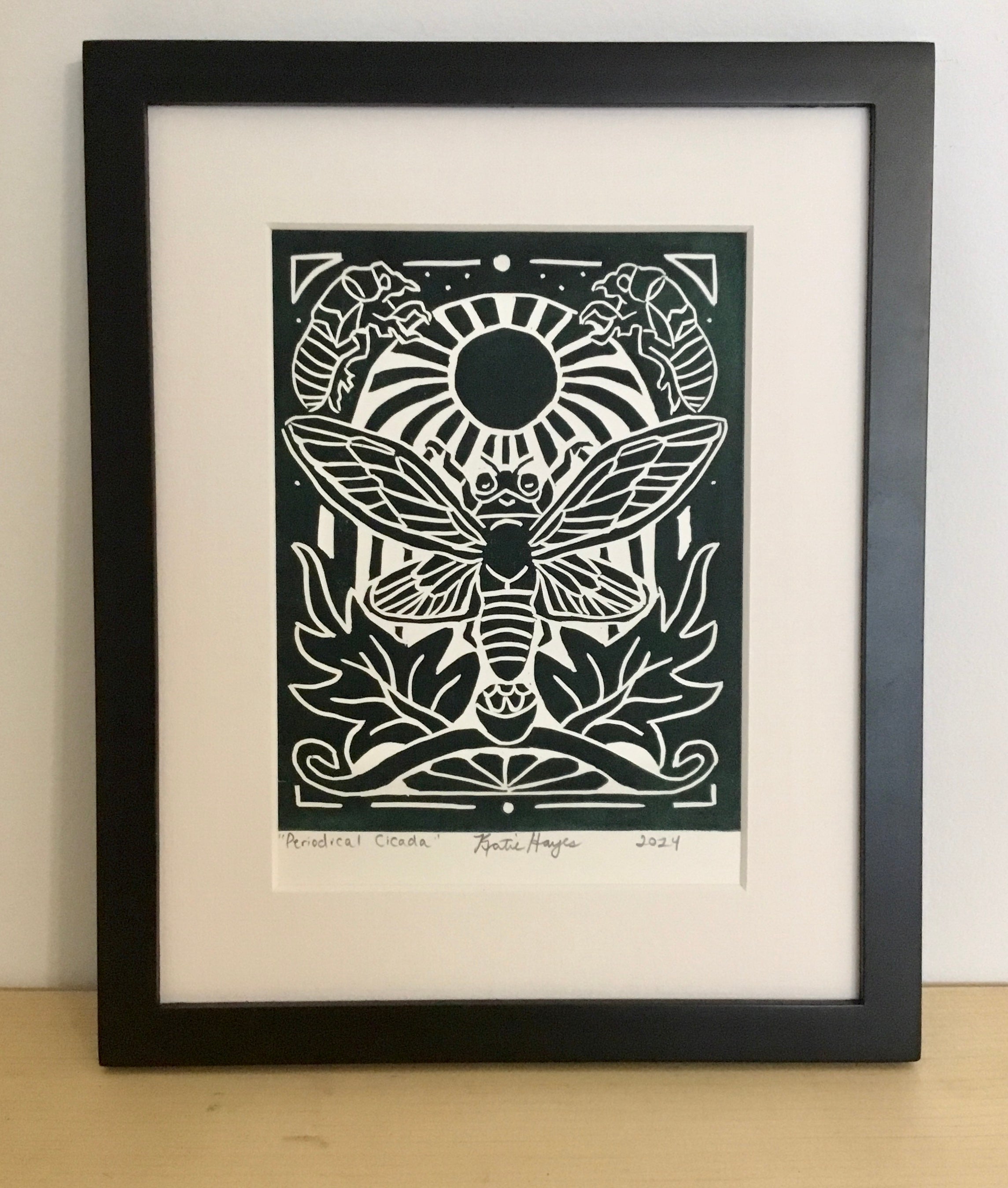 Periodical Cicada, Green Black, Hand Pressed Open Edition Block Print 8x10