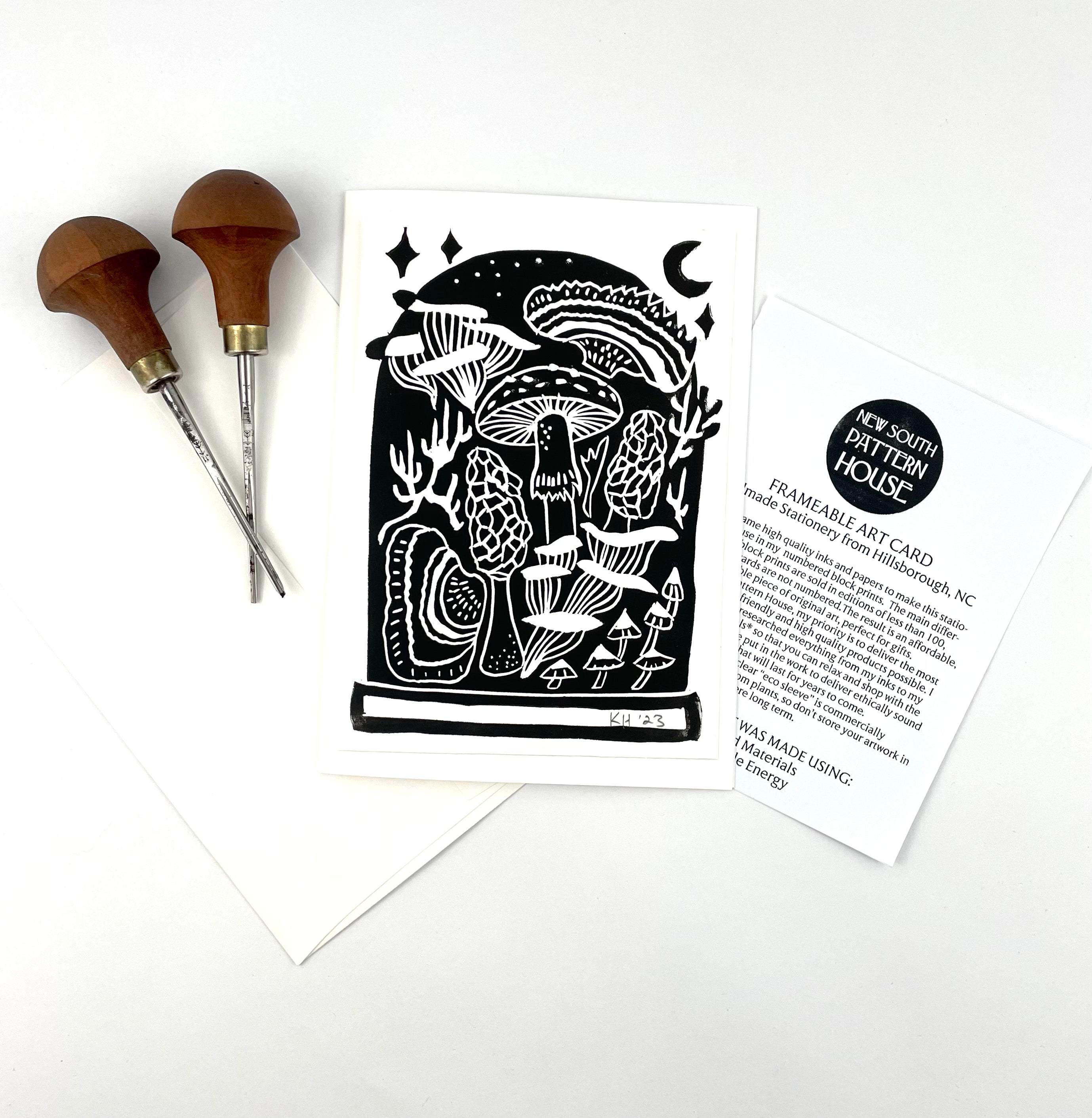 Mycelium Moonlight, block printed Greeting Card 5X7