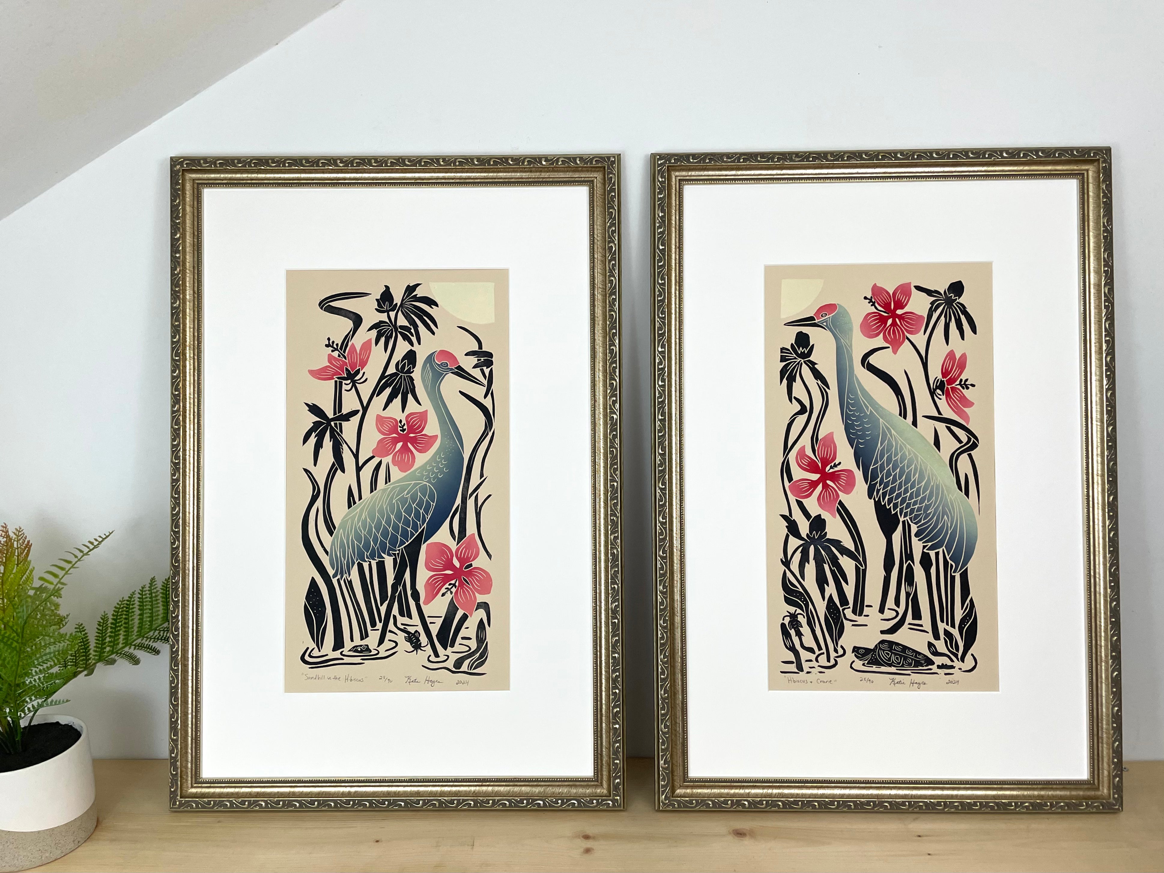 Hibiscus and Crane. Limited Edition block print with 13x19 mat