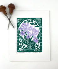 Load image into Gallery viewer, Dwarf Crested Iris Mini Block Print, Limited Edition, Woodland wall art
