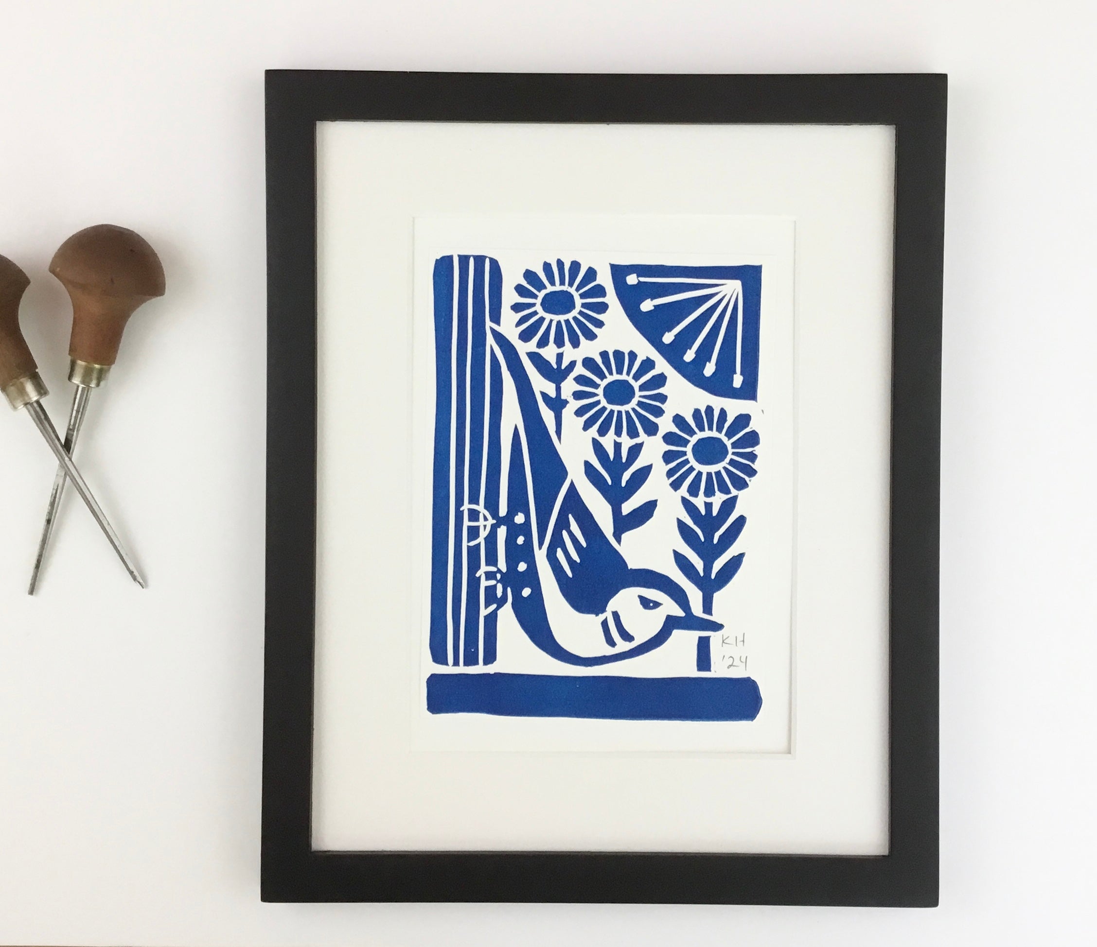 Nuthatch in Blue, block printed Greeting Card 5X7