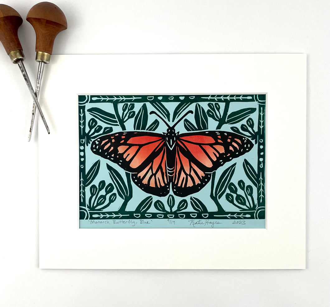 Monarch Butterfly, Mini Block Print, Blue Limited Edition, pollinator art (Copy)