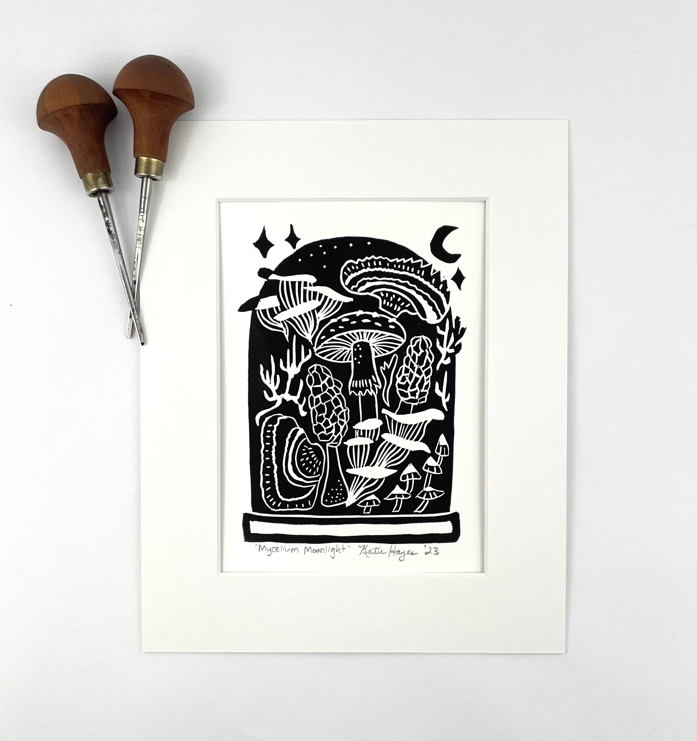Mycelium Moonlight, block printed Greeting Card 5X7
