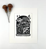 Mycelium Moonlight, block printed Greeting Card 5X7