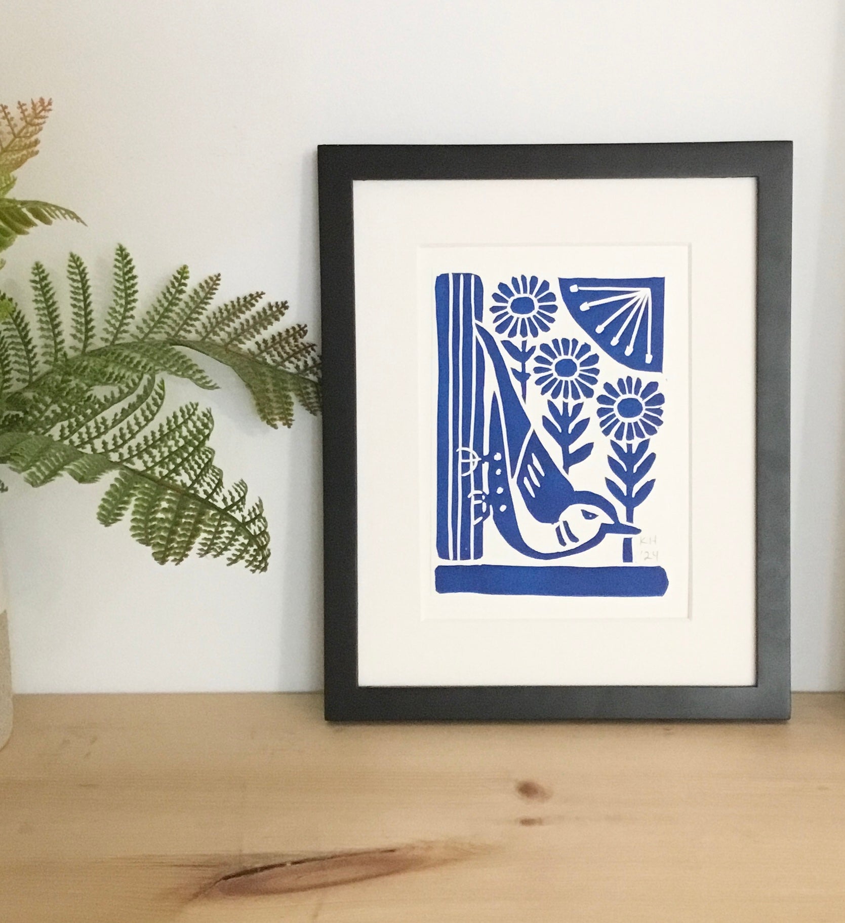 Nuthatch in Blue, block printed 8x10