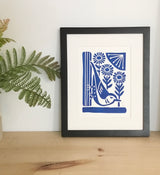 Nuthatch in Blue, block printed 8x10