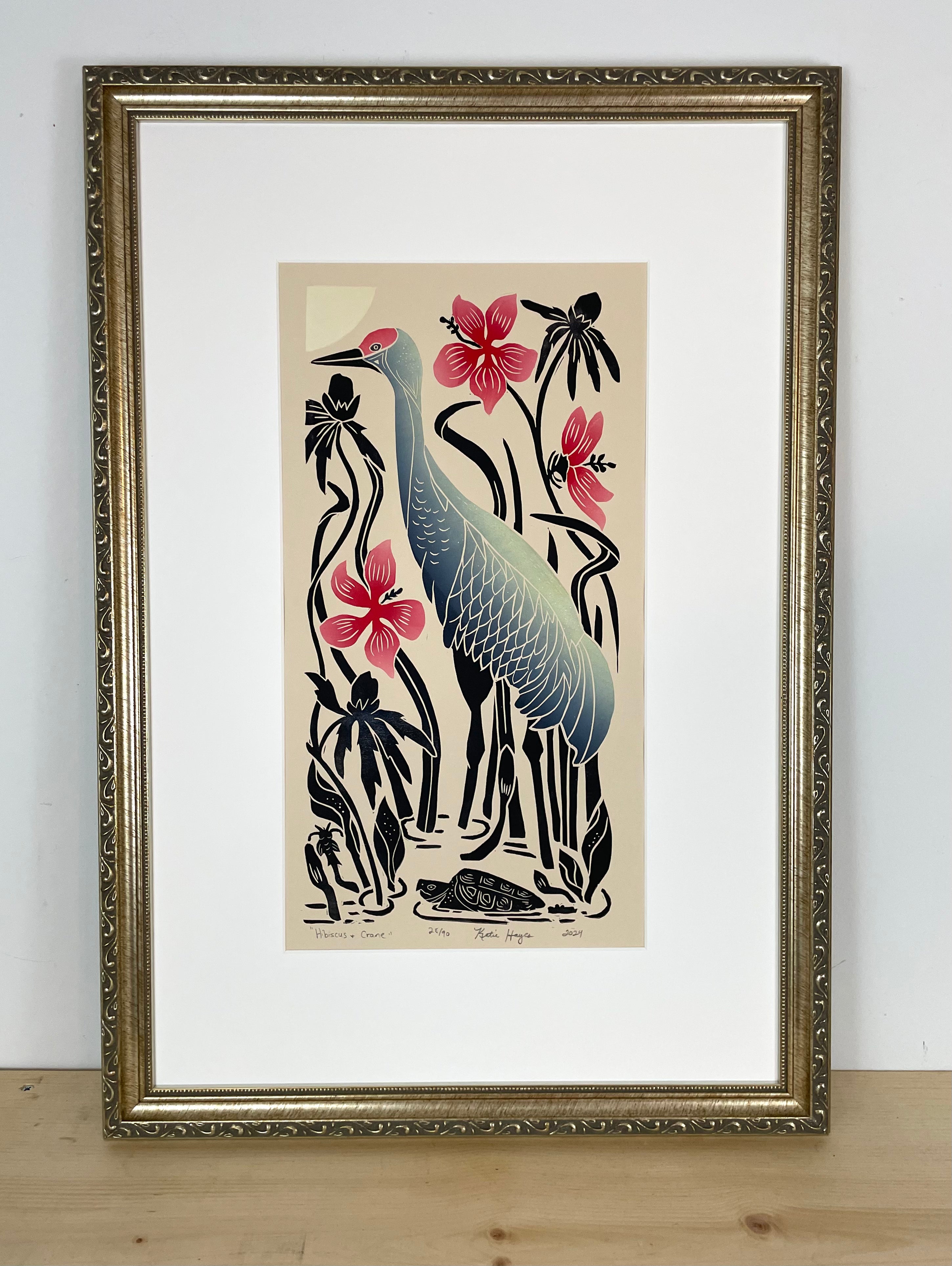 Hibiscus and Crane. Limited Edition block print with 13x19 mat