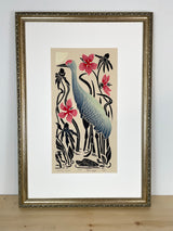 Hibiscus and Crane. Limited Edition block print with 13x19 mat