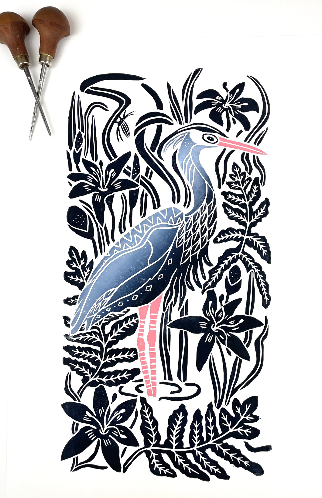 Heron and Lily, full color wetland block print. Hand pulled with 13x19 mat