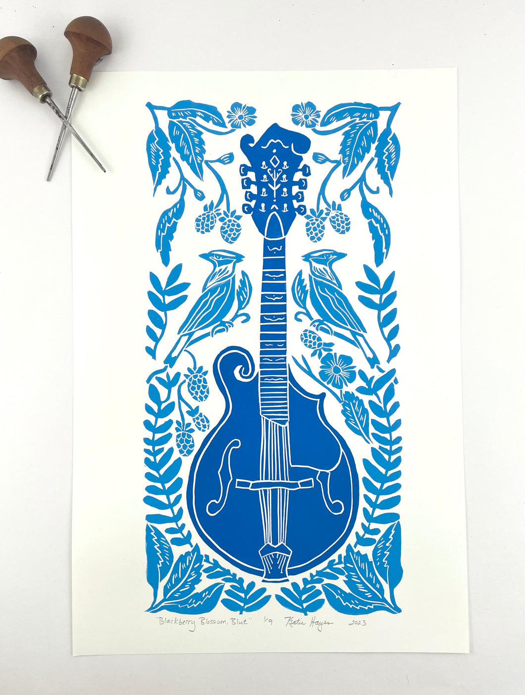 Blackberry Blossom, Blue edition, Mandolin Block Print, full color with 13x19 mat