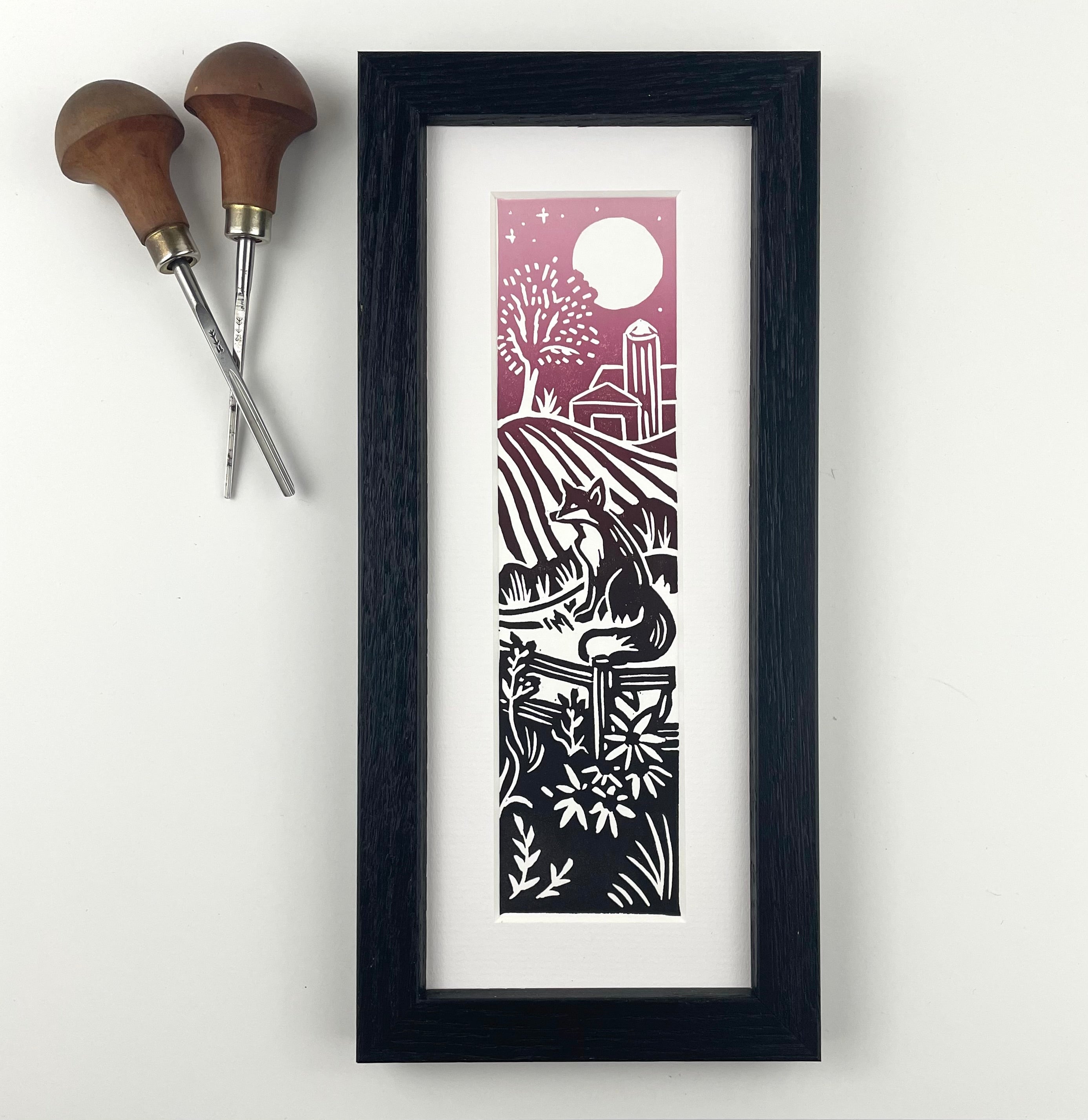 “Dairyland Meadow by Moonlight” Framed Bookmark Print 2x8 inches, Red Fox