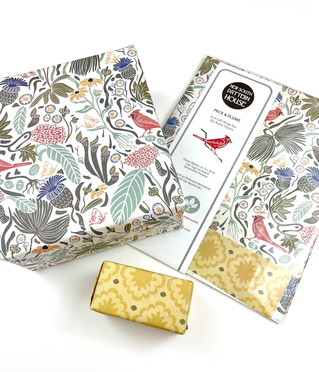 Eco Giftwrap, Peck and Plume,  Set of 3 sheets, 21.5x34 inches each.