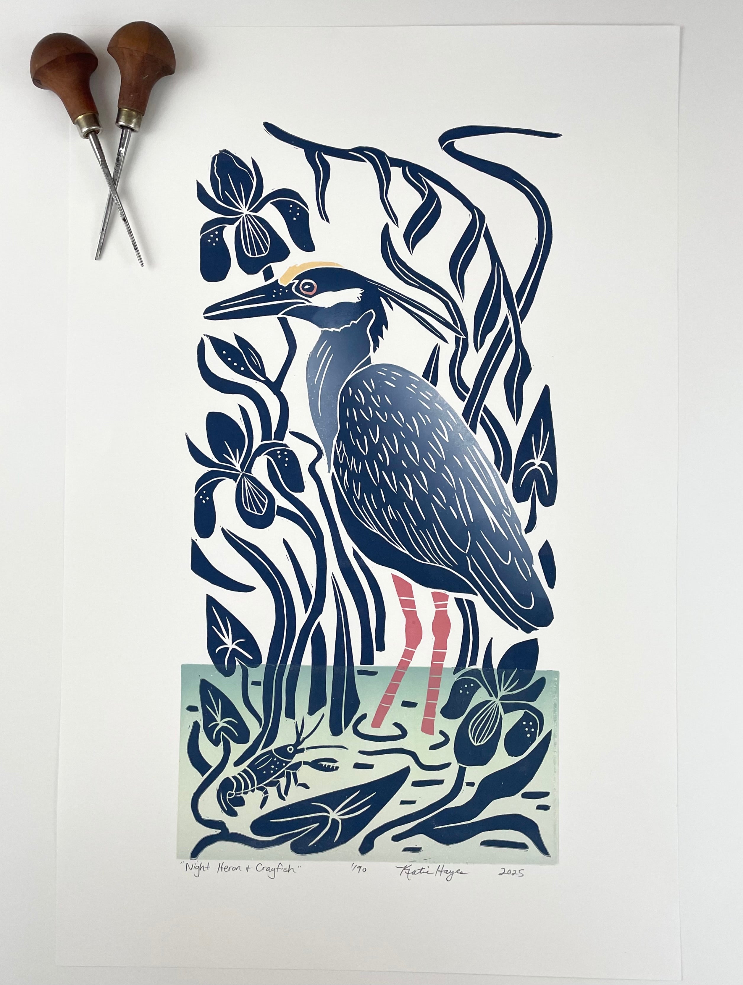 Night Heron and Crayfish. Hand pulled with 13x19 mat
