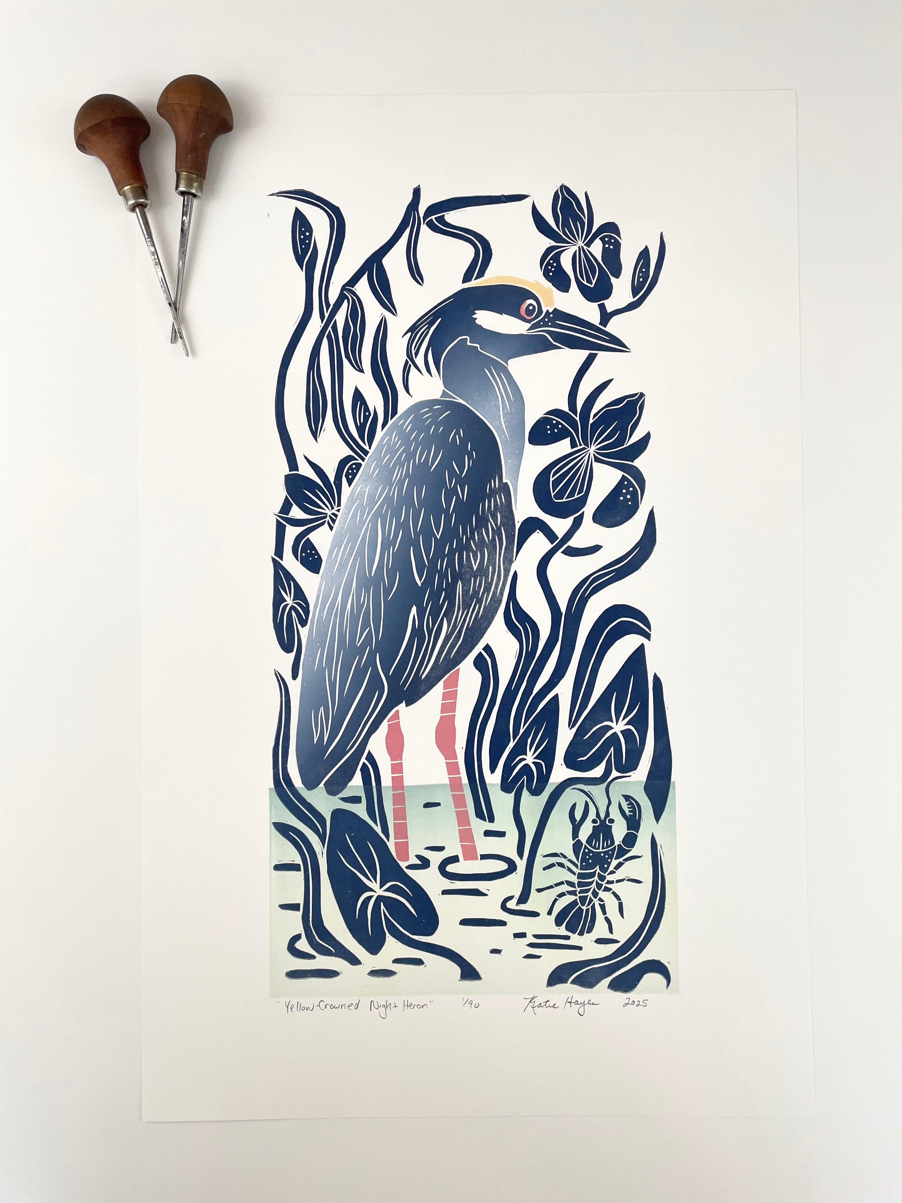 Yellow-Crowned Night Heron. Hand pulled with 13x19 mat