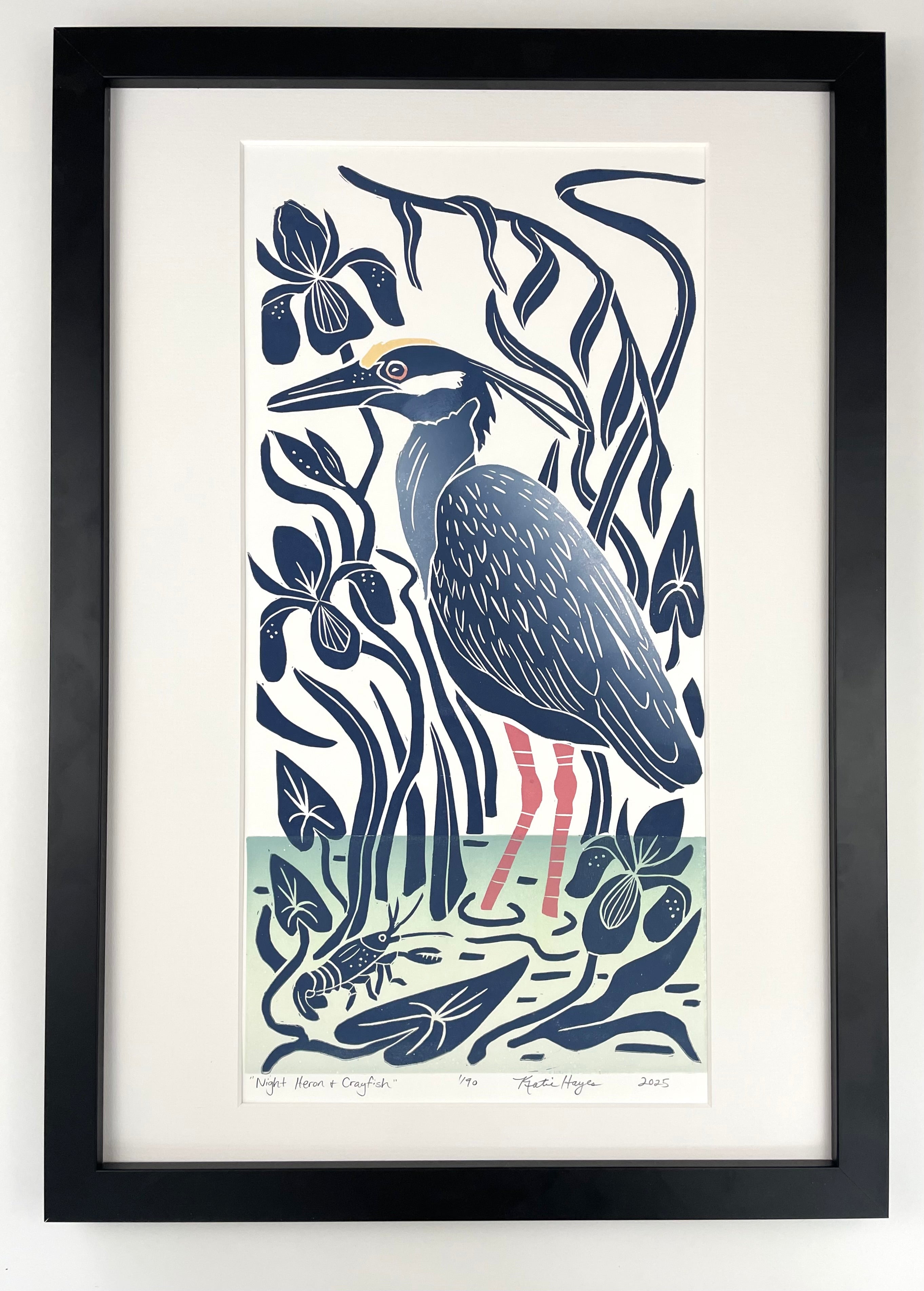 Night Heron and Crayfish. Hand pulled with 13x19 mat