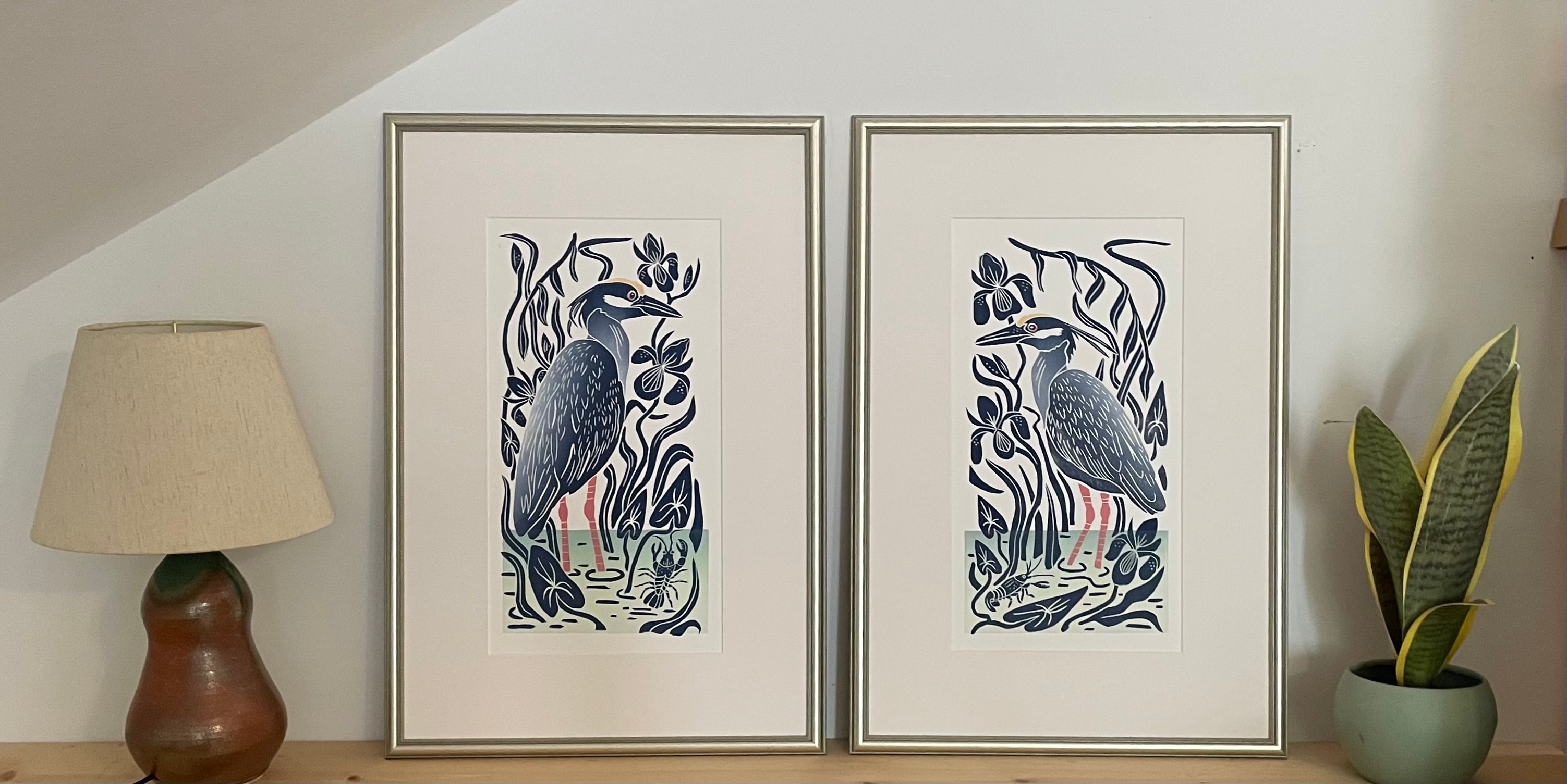 Night Heron and Crayfish. Hand pulled with 13x19 mat