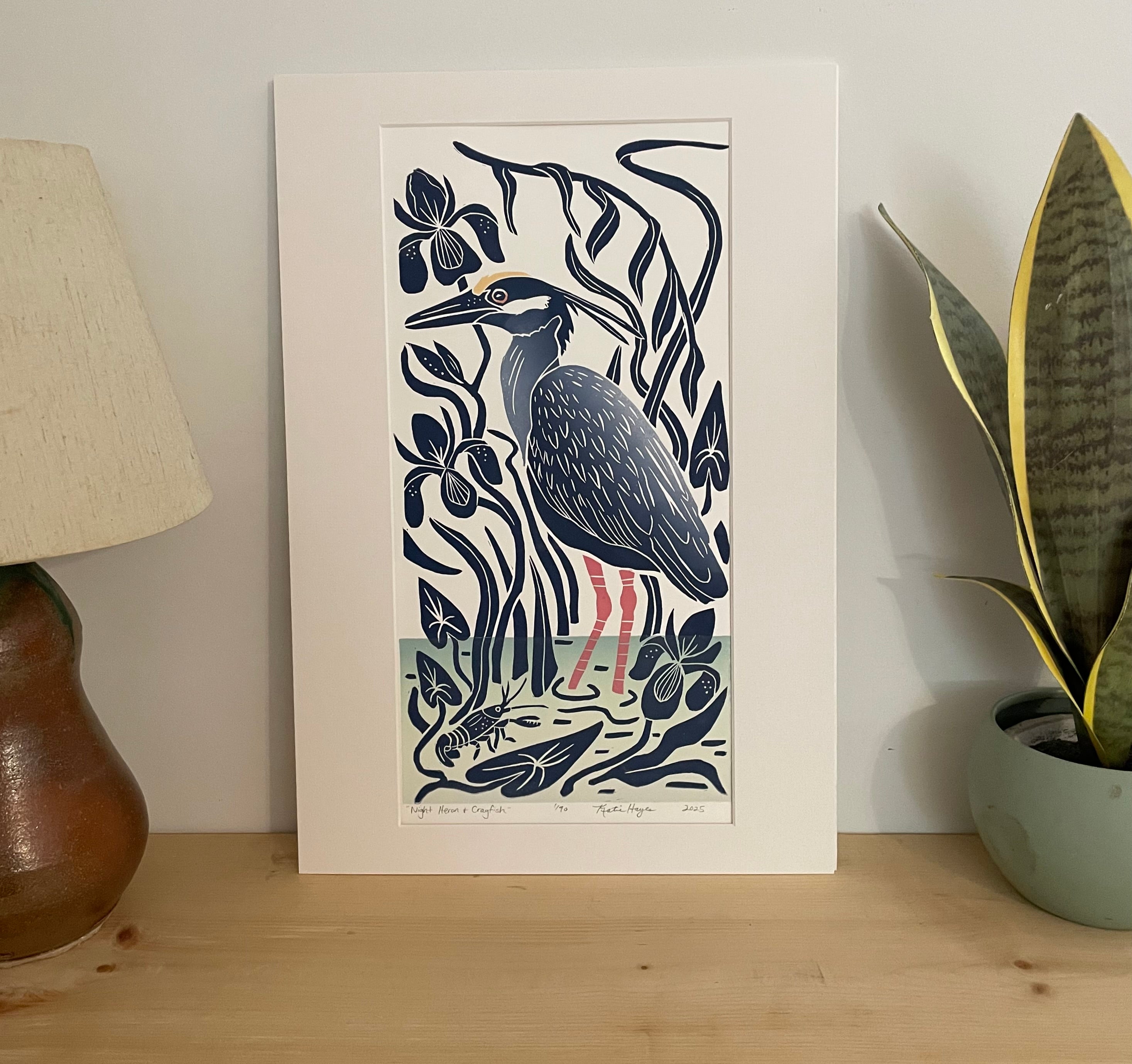 Night Heron and Crayfish. Hand pulled with 13x19 mat