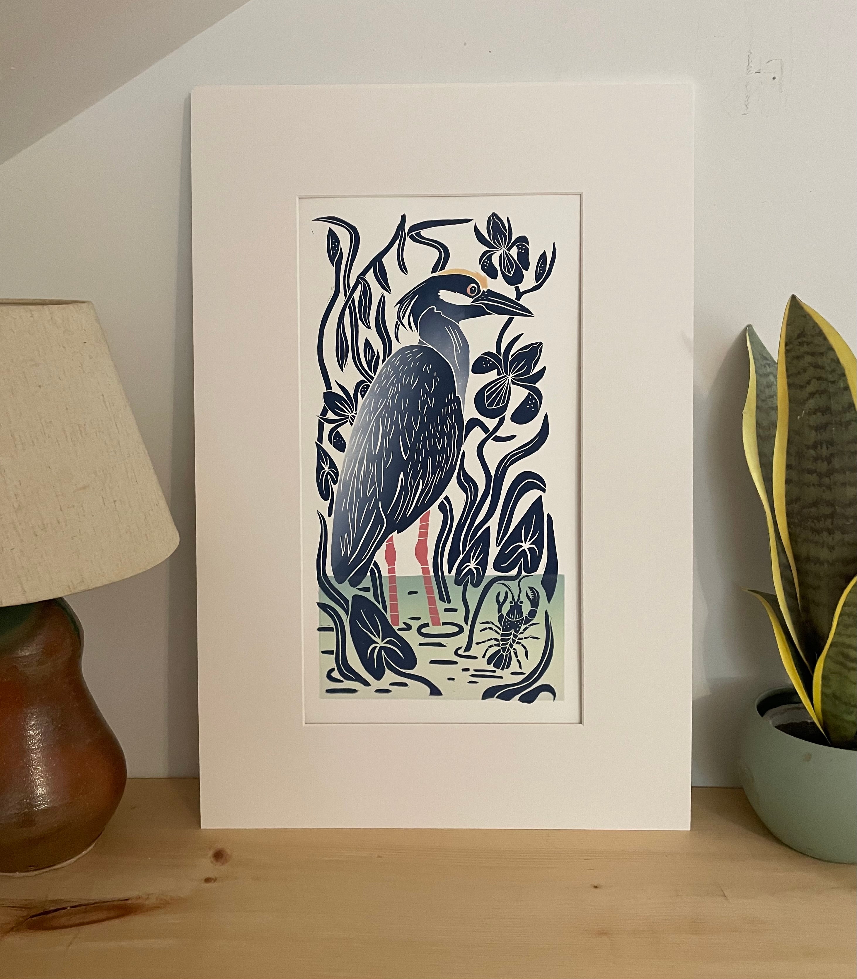 Yellow-Crowned Night Heron. Hand pulled with 13x19 mat