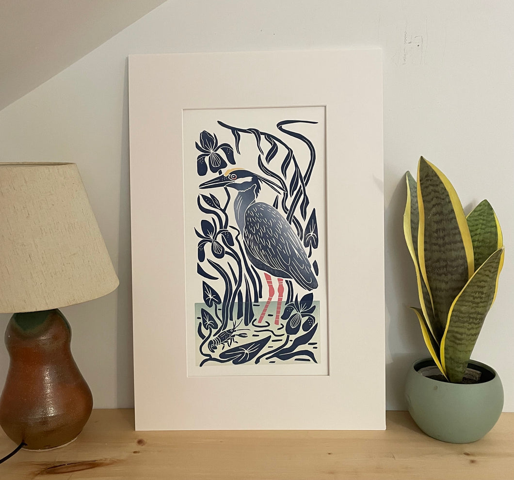 Night Heron and Crayfish. Hand pulled with 13x19 mat