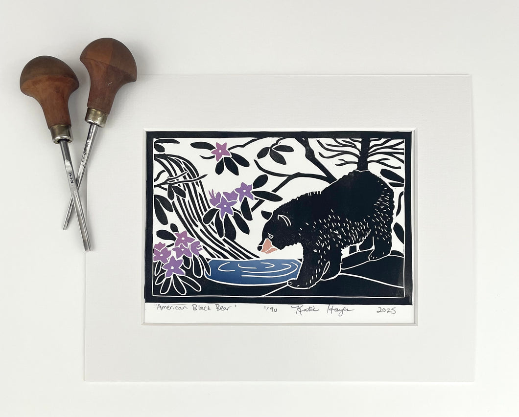 American Black Bear Mini Block Print with 8x10 matboard, Limited Edition of 90