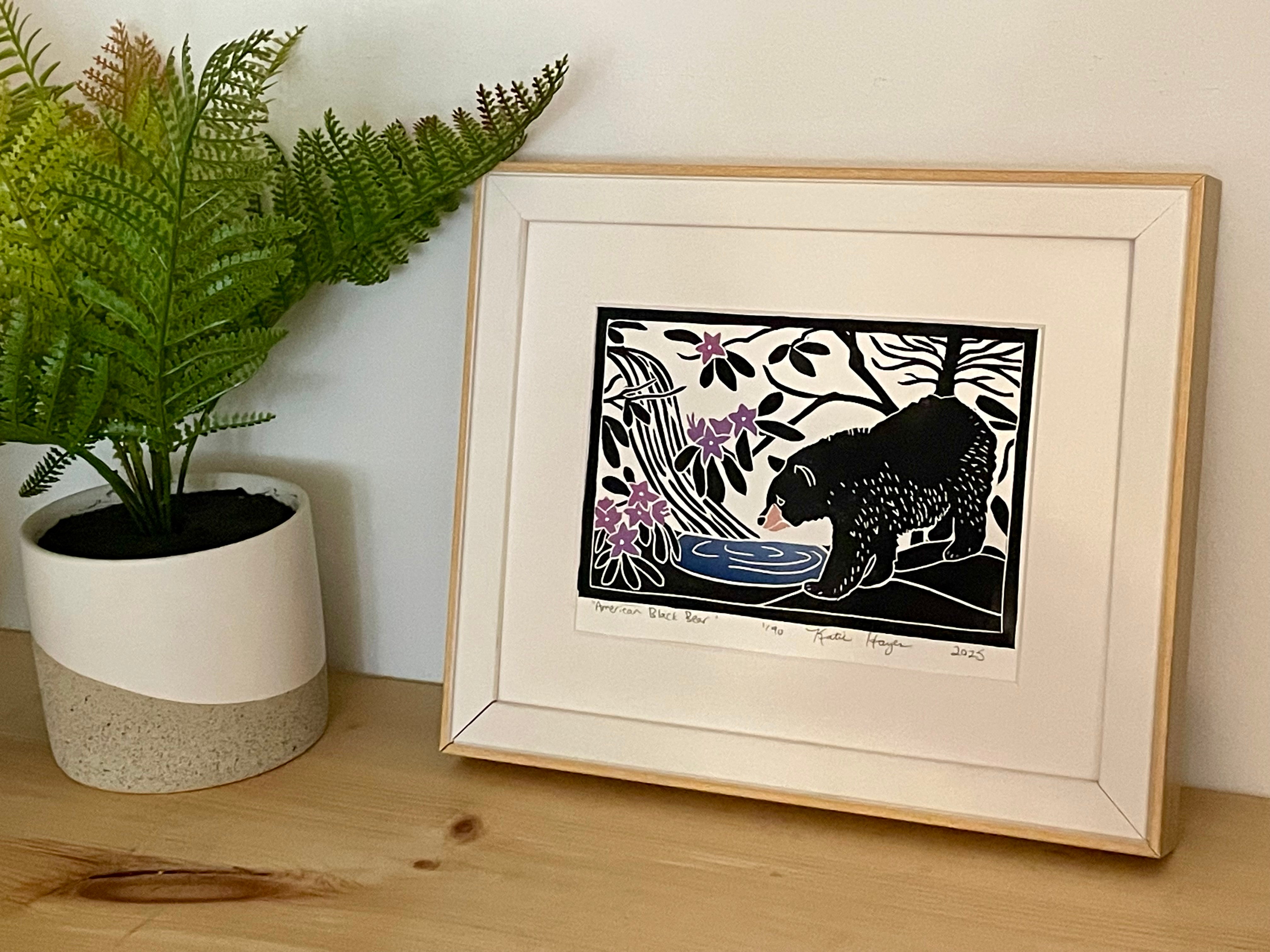 American Black Bear Mini Block Print with 8x10 matboard, Limited Edition of 90